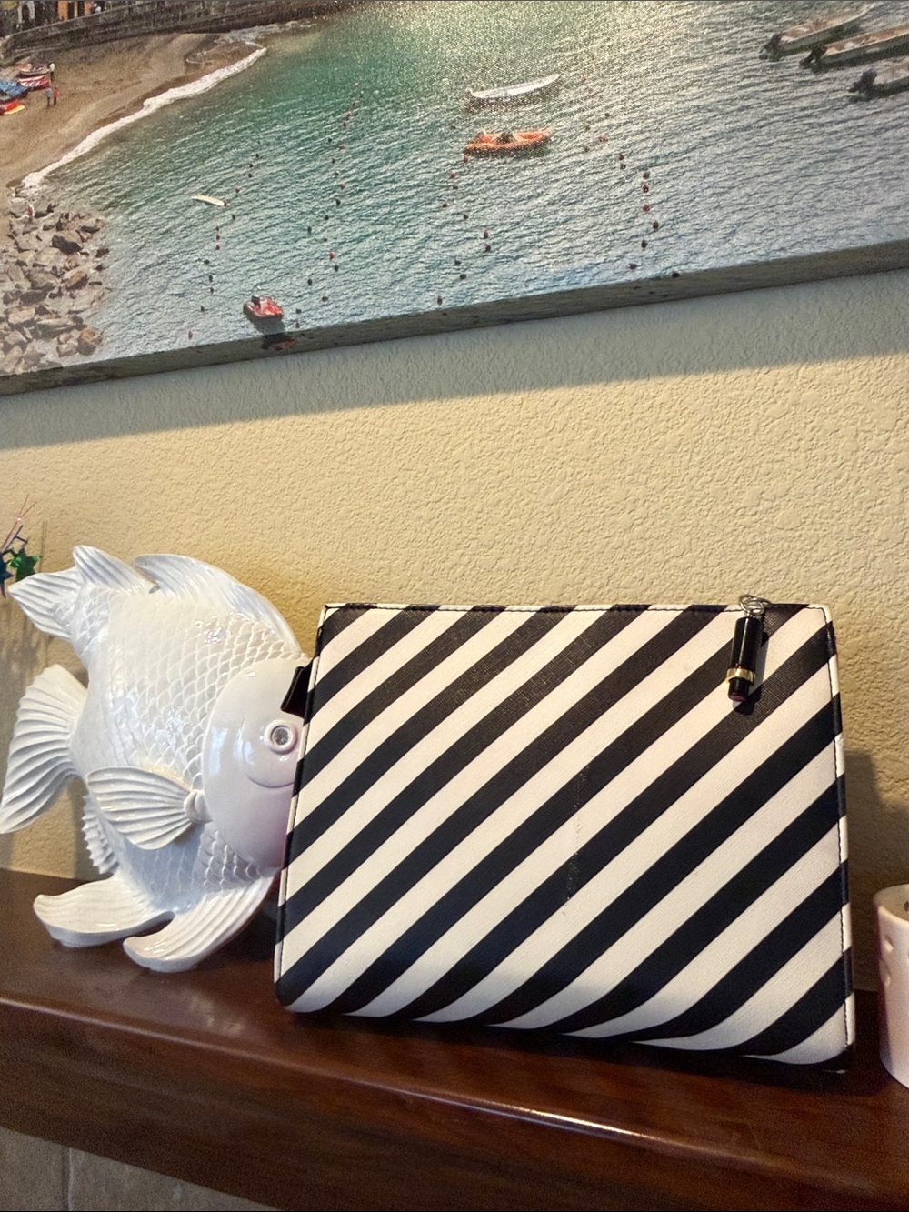 Betsey Johnson Black & White Diagonal Stripe Pouch with Pink Trim - Picture 4 of 9
